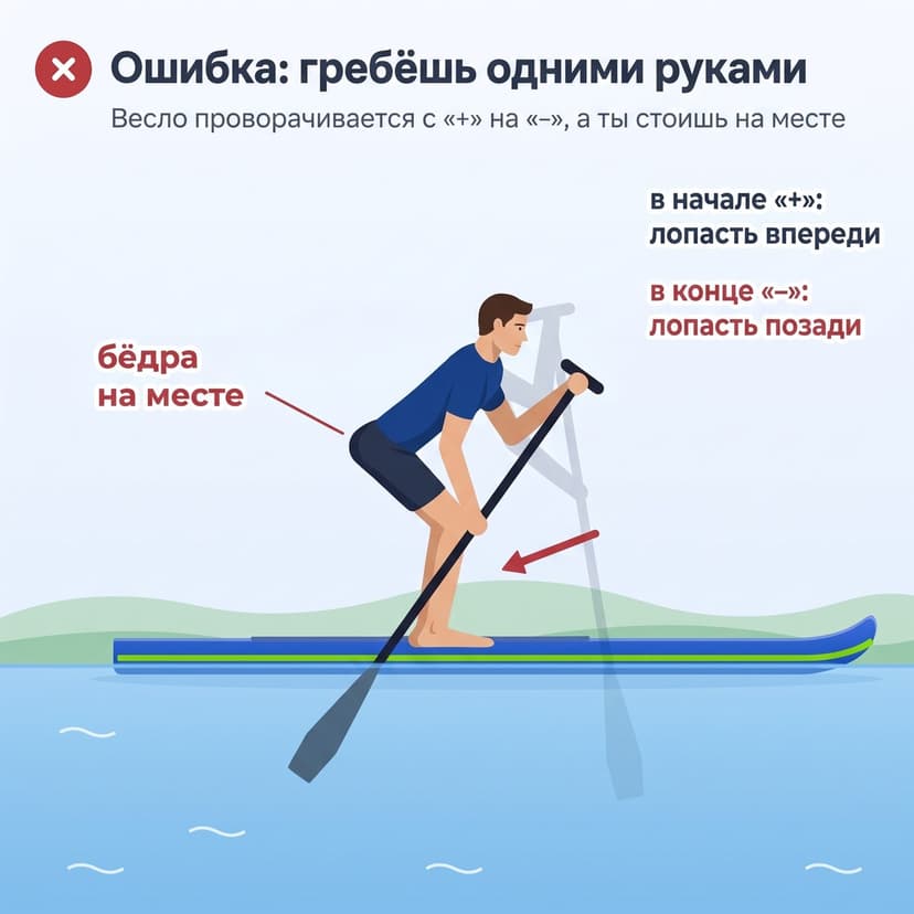 Ошибка при гребле на сапе: гребёт одними руками, угол весла меняется с плюса на минус