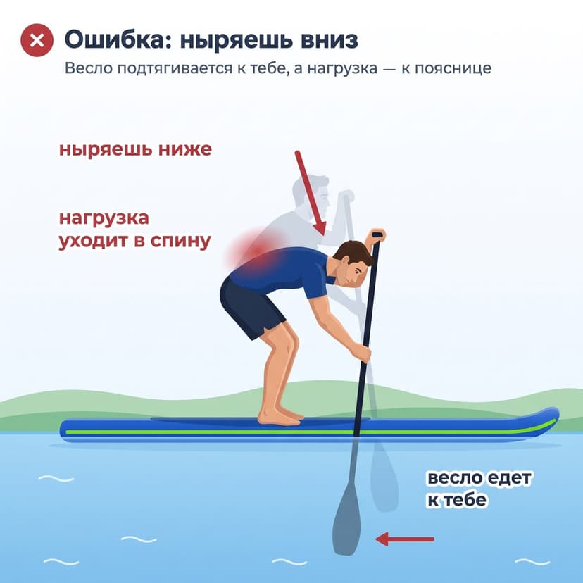 Ошибка при гребле на сапе: гребец ныряет корпусом вниз, нагрузка уходит в спину